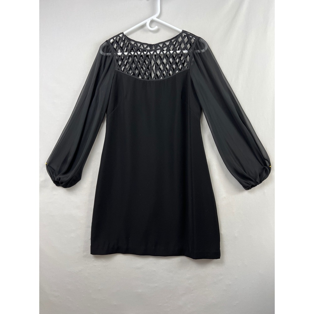 White House Black Market Lattice Neck Dress Womens 4 Black  Bishop Sleeve